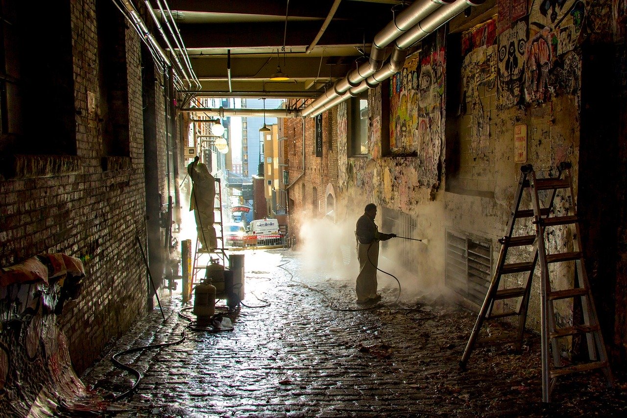 workers, cleaning, graffiti